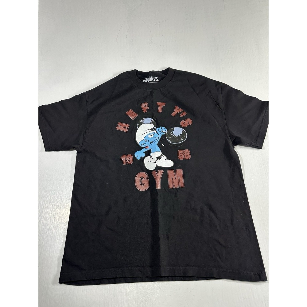 The Smurfs Hefty's Gym Graphic T-Shirt Mens XL Black Cartoon Tee Cotton Blend